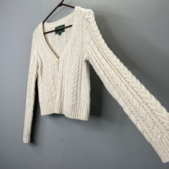 American Eagle Fisherman Cable Knit Sweater M Cropped Cardigan Beige Chunky - Picture 2 of 7